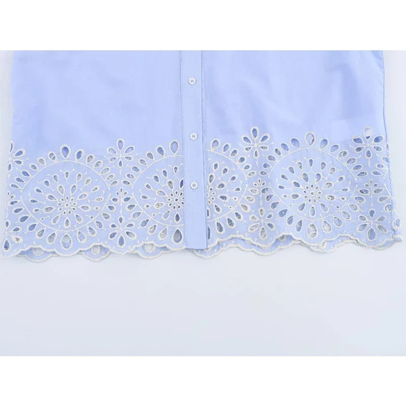 YENKYE Spring 2025 Women Hollow Out Embroidery Blue Shirt Front Button Lapel Collar Loose Blouse Streetwear Blusas Mujer