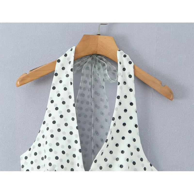 YENKYE Summer 2026 Women White Polka Dot Mini Dress Sexy Backless Halter Mesh Hem Beach Vacation Dresses French Style Robe