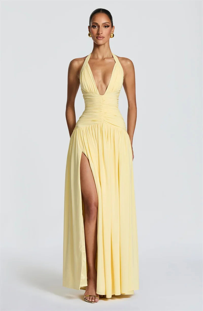 Mozision Halter Deep V Neck Sexy Maxi Dress Women Elegant Off-shoulder Sleeveless High Split Pleated Club Party Long Dress