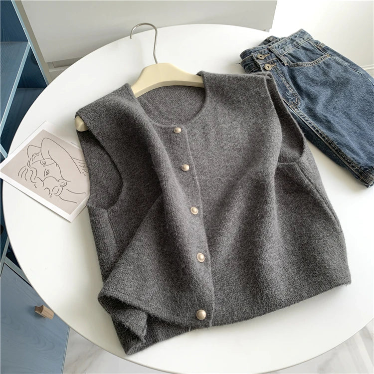 Single Breasted Small Gold Button Round Neck Slimming Knit Vest For Women Korean Loose Fitting Shoulder Top