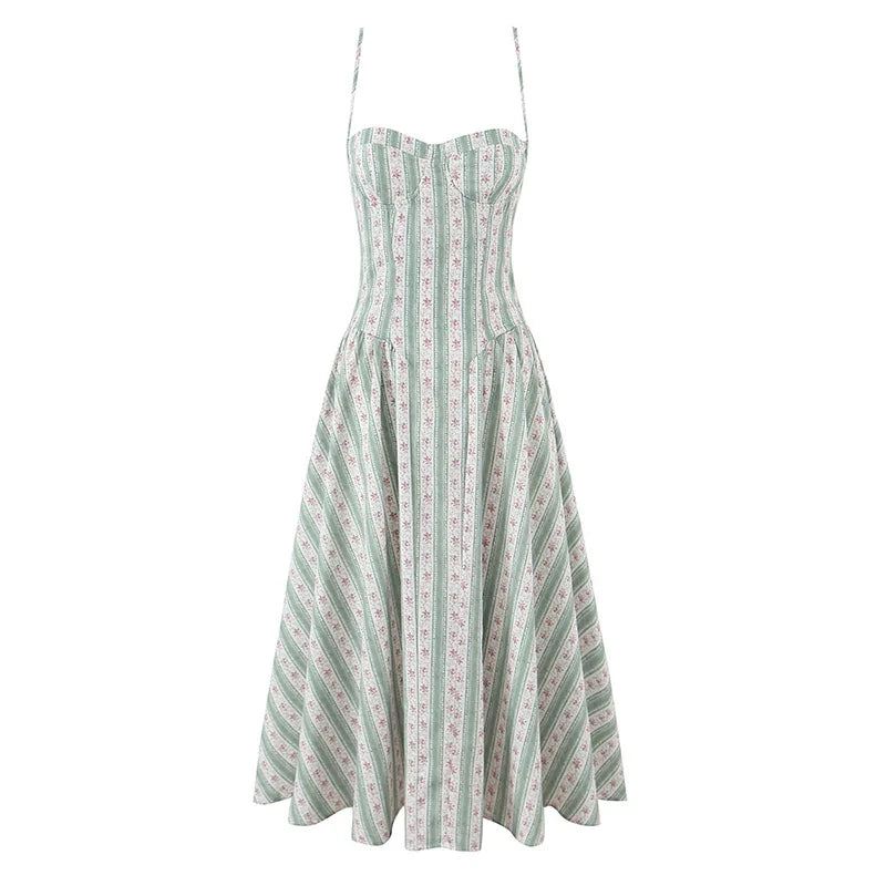 YENKYE Green Striped Floral Print Sexy Spaghetti Straps Dresses Women Elegant A-line Midi Vacation Party Dresses Summer Robe