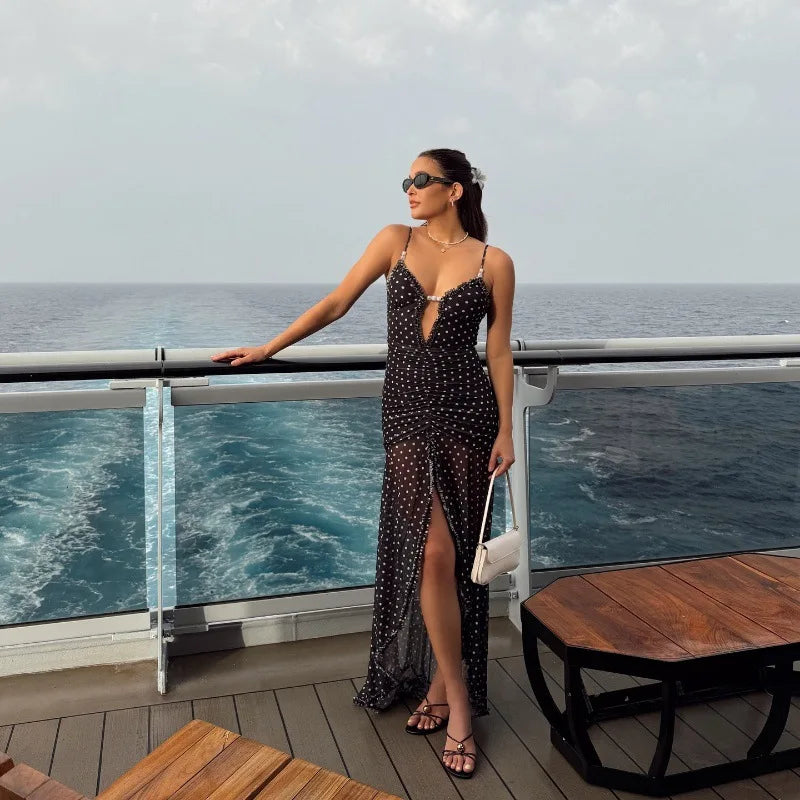 Cryptographic Summer Boho Polka Dot Split Ruched Dress Holiday Outfits for Women Sexy V Neck Backless Slip Mesh Dresses Clothes