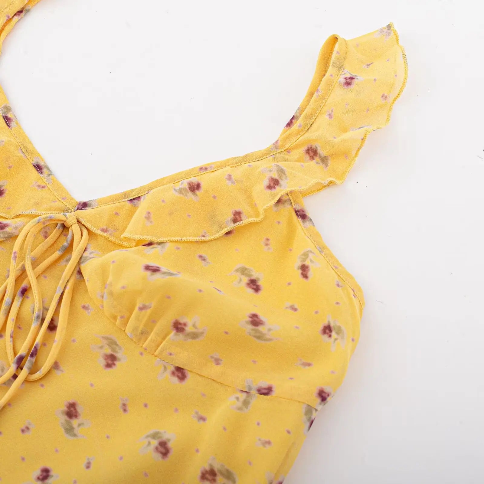 2026 Summer Women Yellow Floral Print V neck Ruffles Strap Sling Dress Slim Waist Side Zipper A-lined Short Tank Dresses Robe