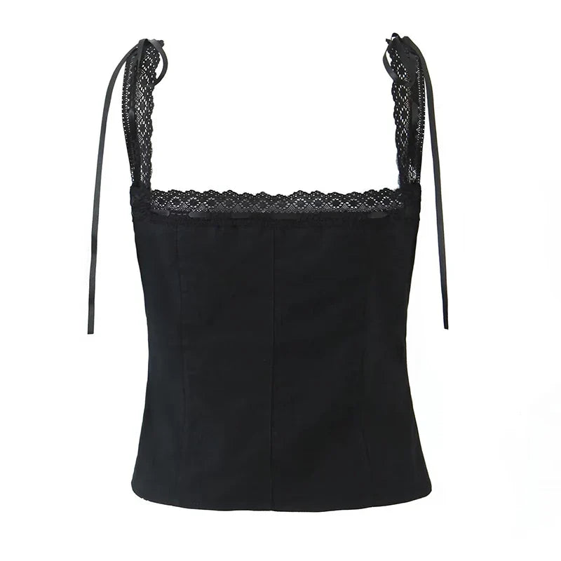 YENKYE New 2025 Women Front Button Lace Spliced Summer Tank Top Sexy Slim Fit Cotton Holiday Crop Top Chic Party Streetwear