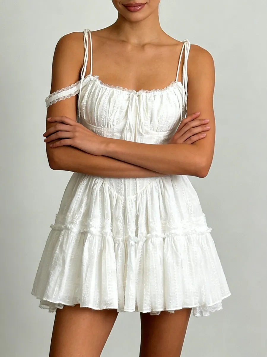 TWOTWINSTYLE Solid Spliced Embroidery Sweet Dresses for Women Square Neck Sleeveless High Waist Patchwork Strap Dress Female New