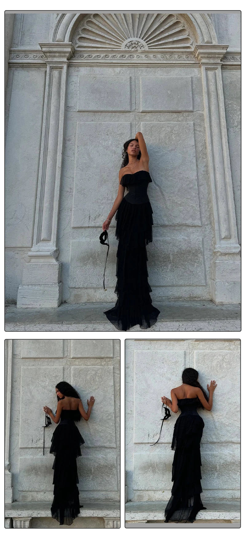 VC Sets For Women 2 Pieces Elegant And Pretty Lace-Up Corset And Slash Neck Long Cake Dress Set Chiffon Female Clothing