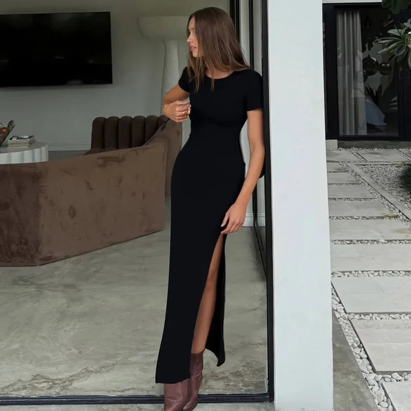 Cryptographic Round Neck Short Sleeve Sexy Bodycon Long Dress Summer Outfits for Women Casual Split Black Dresses Solid Clothes
