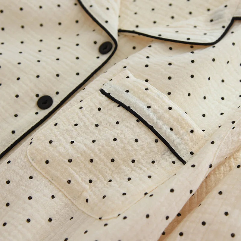 100% Cotton Gauze Women Pajamas Polka Dot Print Sleepwear 2025 Spring Female 2 Piece Set Nightwear Lady Pyjamas Loungewear
