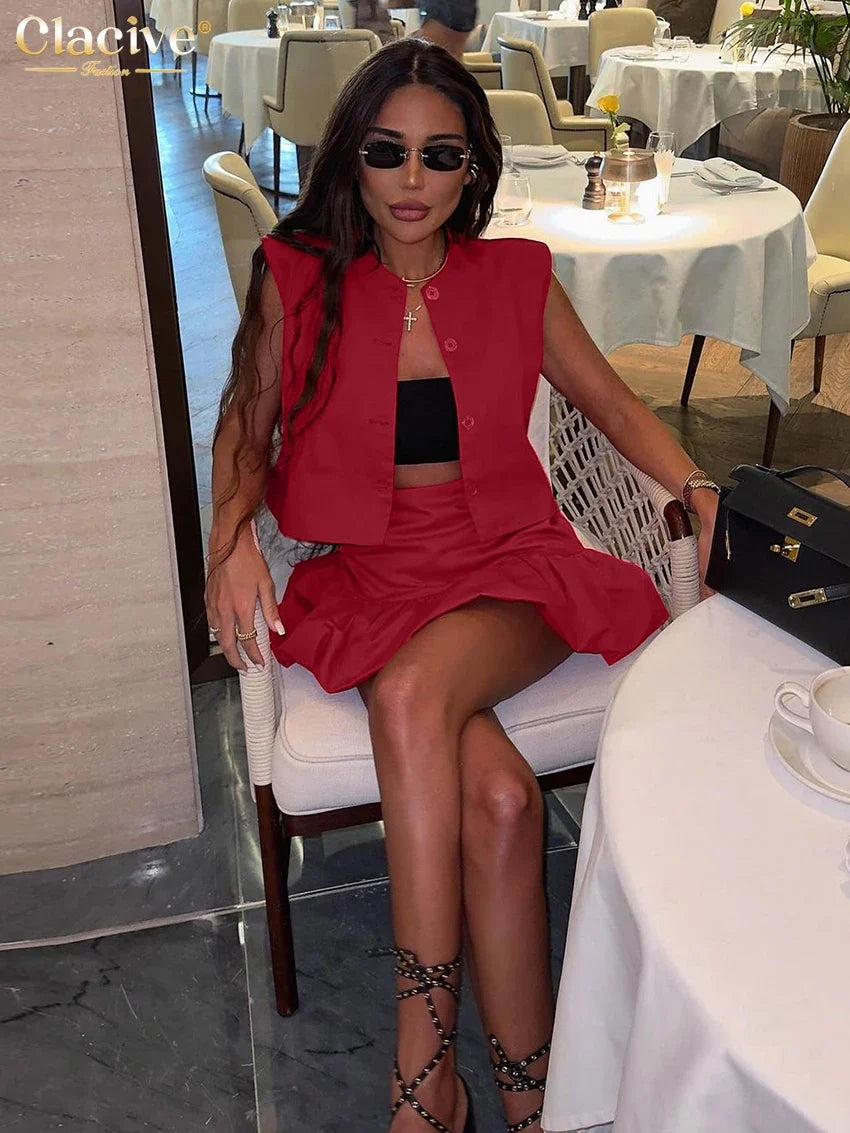 Clacive Summer Loose Red Cotton Women's Two Pieces Set 2025 Fashion Sleeveless Tank Top With High Waist Mini Skirt Set Female