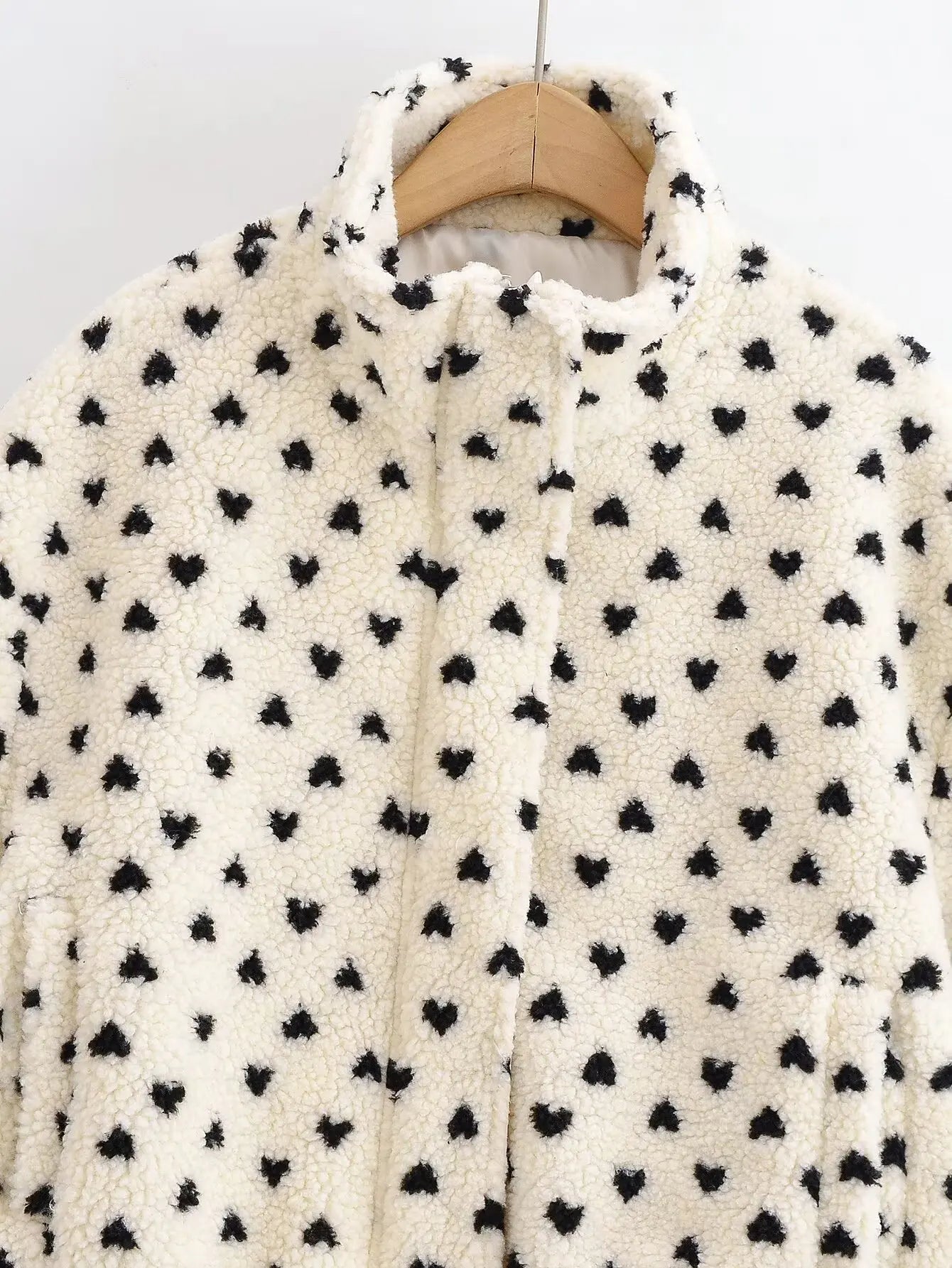 New Women Cute Heart Print Teddy Fleece Jacket Zipper Ladies Long Sleeve Winter Warm Coat
