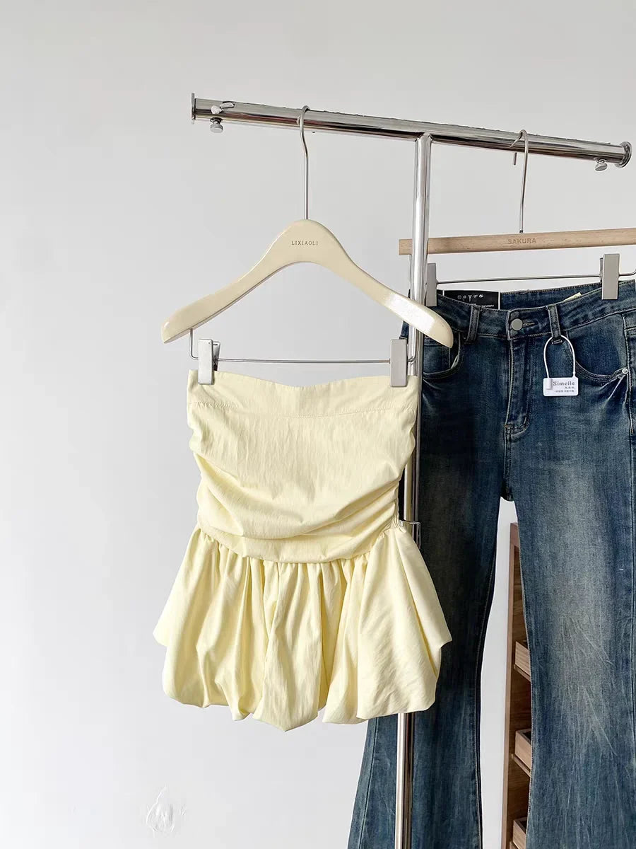 Ruffle Peplum Tube Cami Top: Waist-Cinching Sleeveless Crop Top Korean Style Chic Summer 2025 Bandeau For Petite Girl