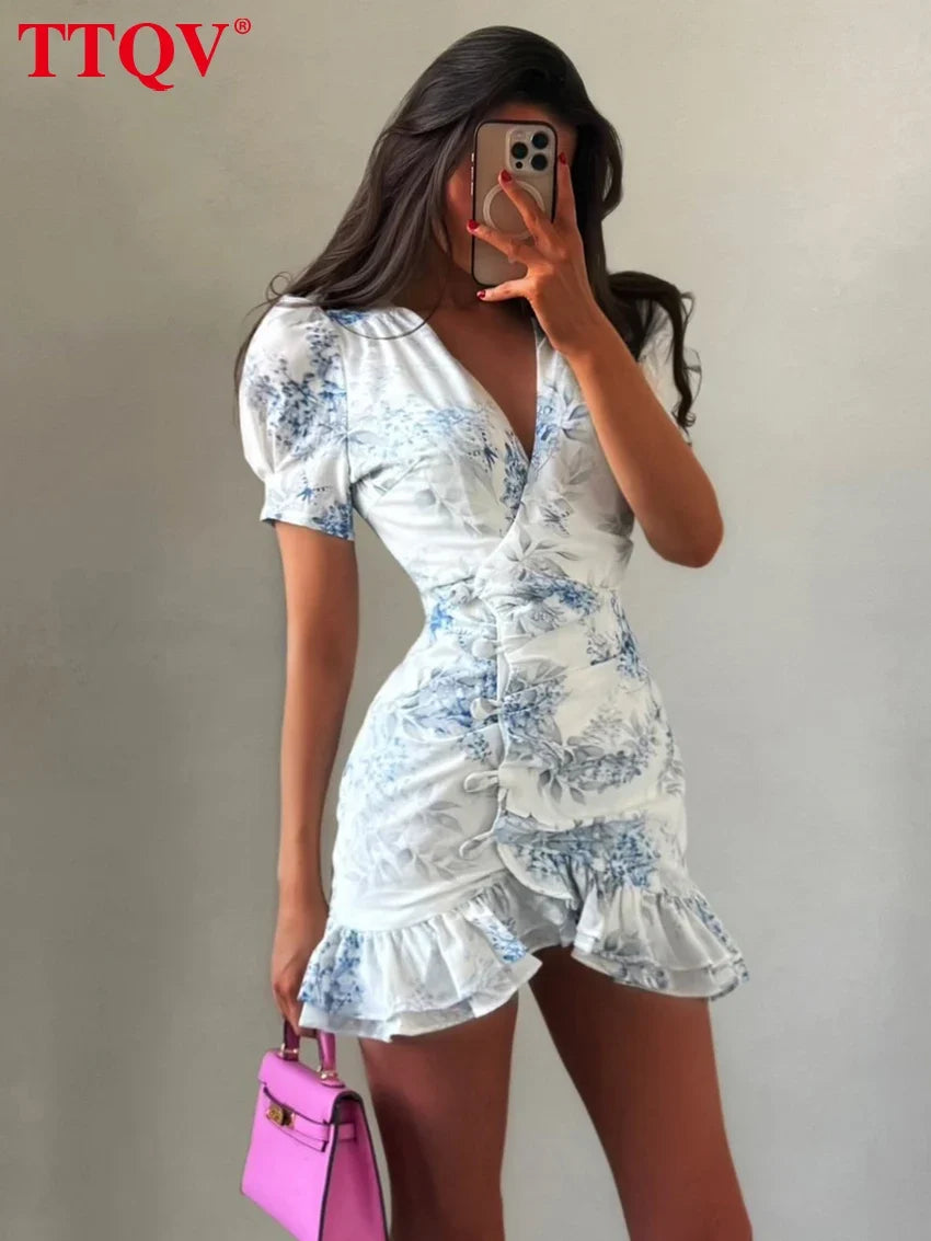 TTQV Sexy Slim Print Women's Dress 2026 Summer V-Neck Short Sleeve Mini Dresses Elegant Classic Ruffles Female Dress Streetwear