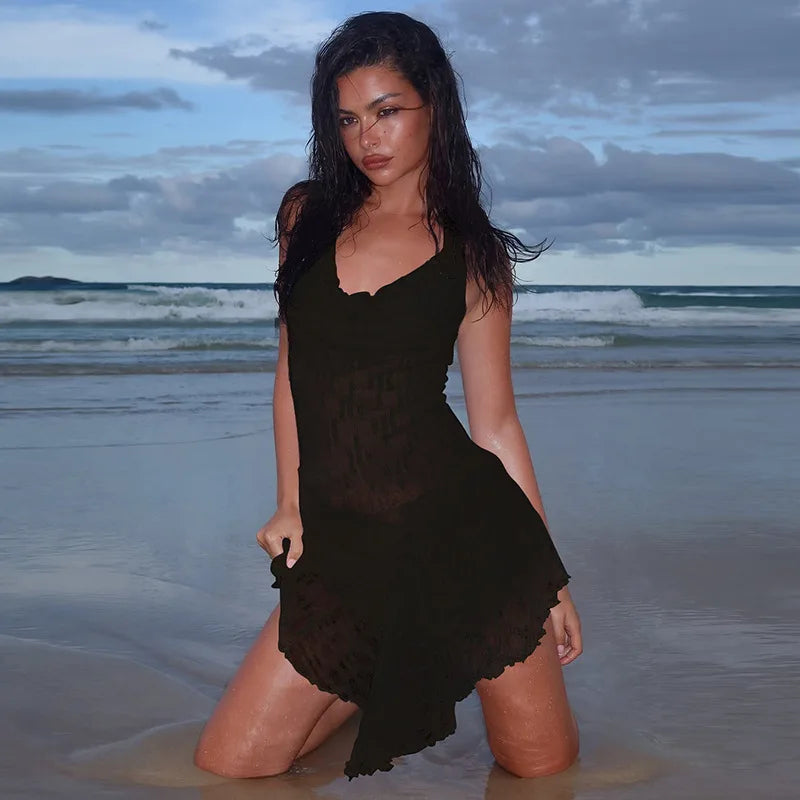 Cryptographic Fashion Halter Draped Mini Dress Sexy Backless A-Line Sheer Frill Hem Dresses Coquette Summer Vacation Vestido