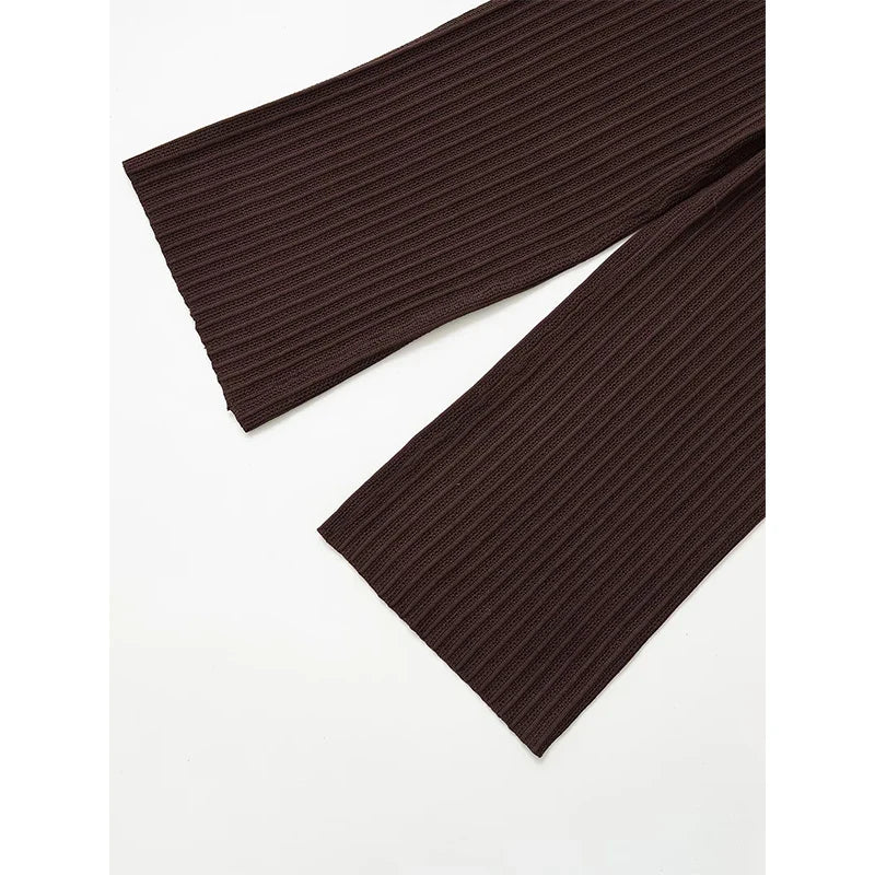 YENKYE New 2025 Women Vintage Elastic High Waist Hollow Out Knit Wide Leg Pants Female Brown Loose Casual Trousers pantalones