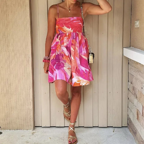 2023 Holiday Tie-dye Flower Print Slash Collar Ruched Chest Mini Sling Dress Sexy Low Back Backless Robe BOHO Summer Vestido