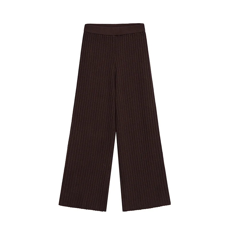 YENKYE New 2025 Women Vintage Elastic High Waist Hollow Out Knit Wide Leg Pants Female Brown Loose Casual Trousers pantalones