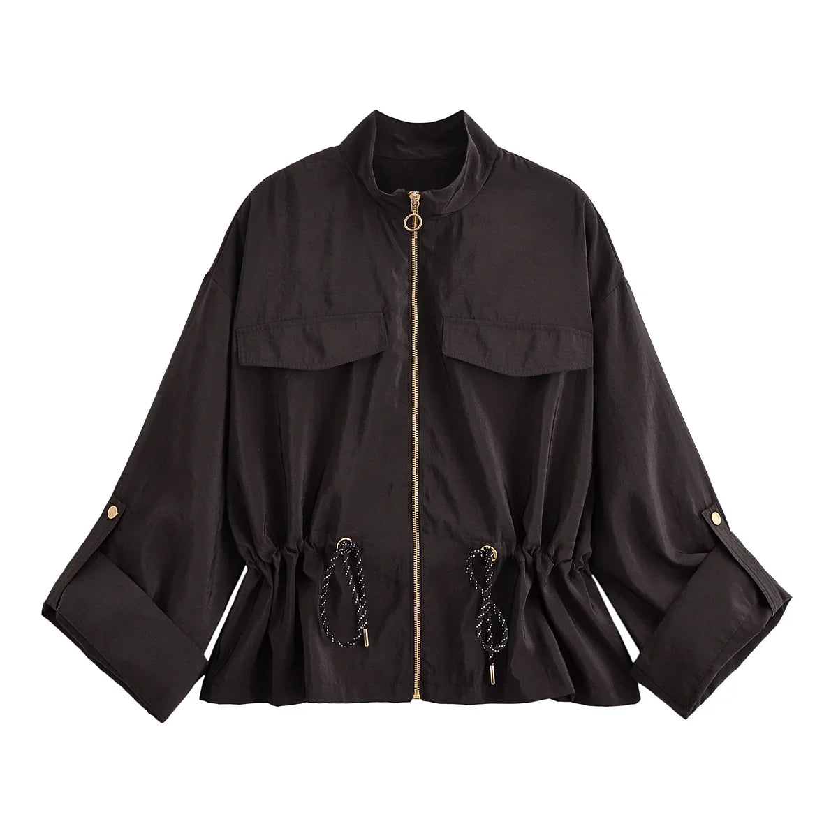 YENKYE Adjustable Drawstring Waist  Safari Jacket For Women Long Sleeve Stand Collar Autumn Coat Female Streetwear