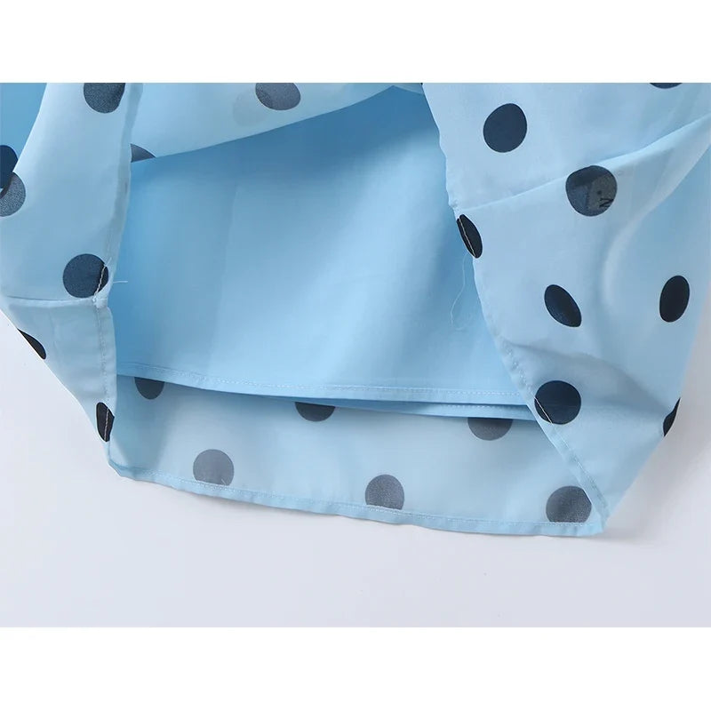 YENKYE Women Light Blue Polka Dot Sling Long Dress Sexy Backless Bandage Bodycon Casual Summer Sundress Chiffon Vestidos