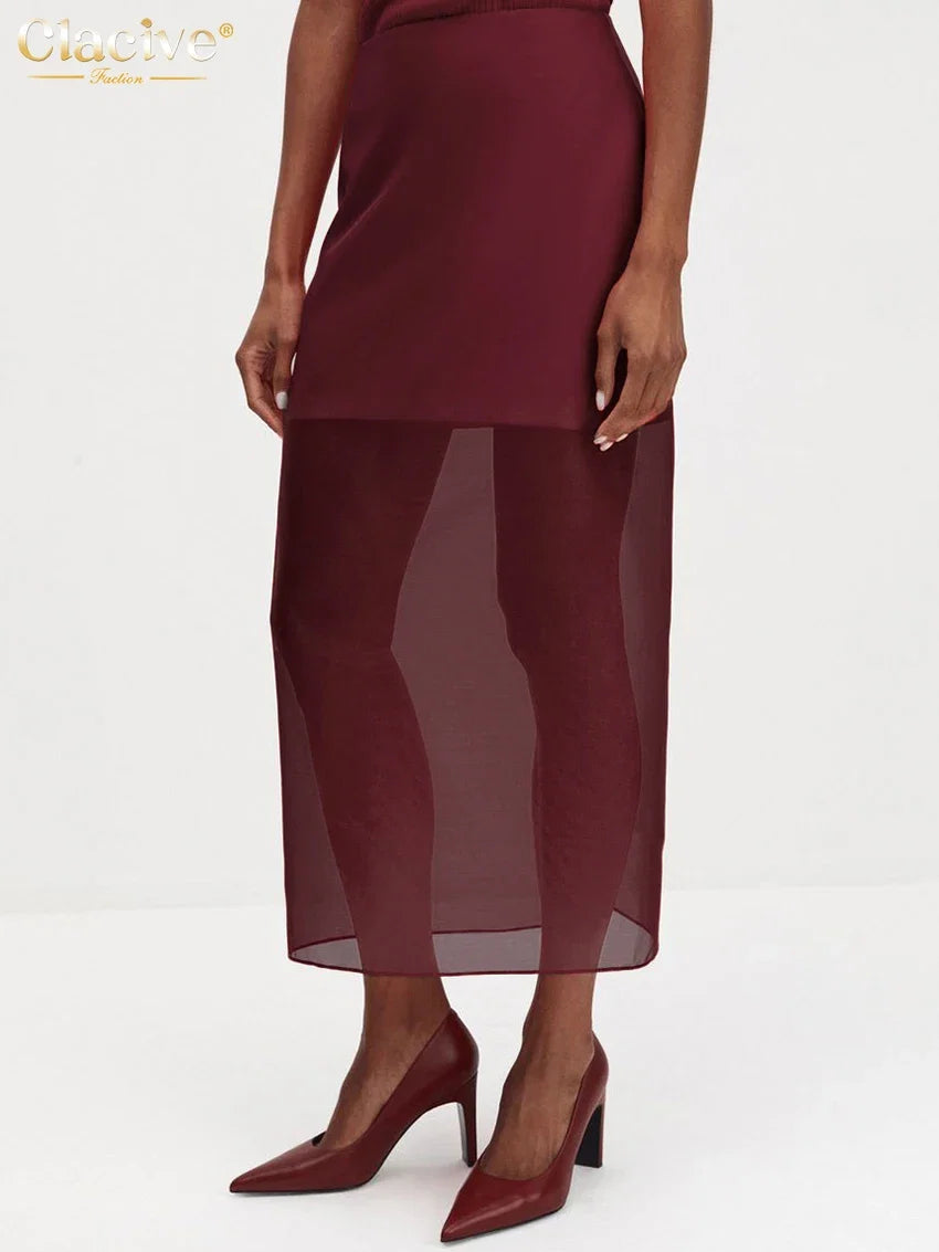 Clacive Fashion Loose Balck Women Skirt Casual High Waist Ankle Length Skirts Elegant Classic Mesh Spliced Skirt Female Clothing