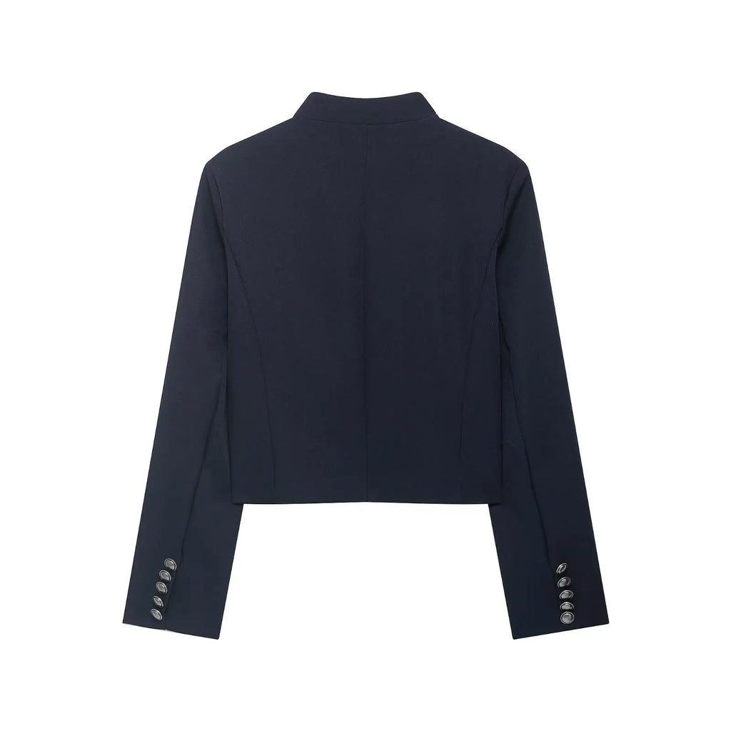 YENKYE 2026 New Women's Navy Blue Single Breasted Crop Jacket Long Sleeve Vintage Casual Coat For Daily Office