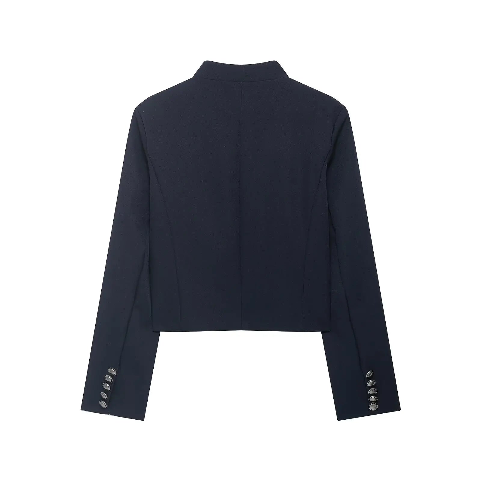 YENKYE 2026 New Women's Navy Blue Single Breasted Crop Jacket Long Sleeve Vintage Casual Coat For Daily Office