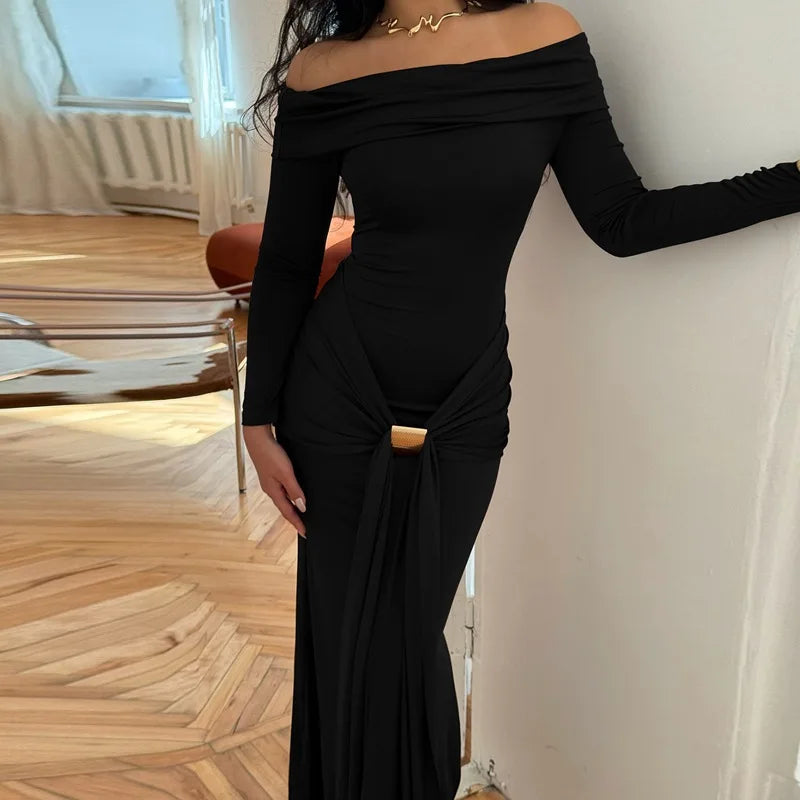 Cryptographic Elegant Off Shoulder Ruched Maxi Dress Women Party Club Outfits Autumn Long Sleeve Bodycon Dresses Gown Clothes