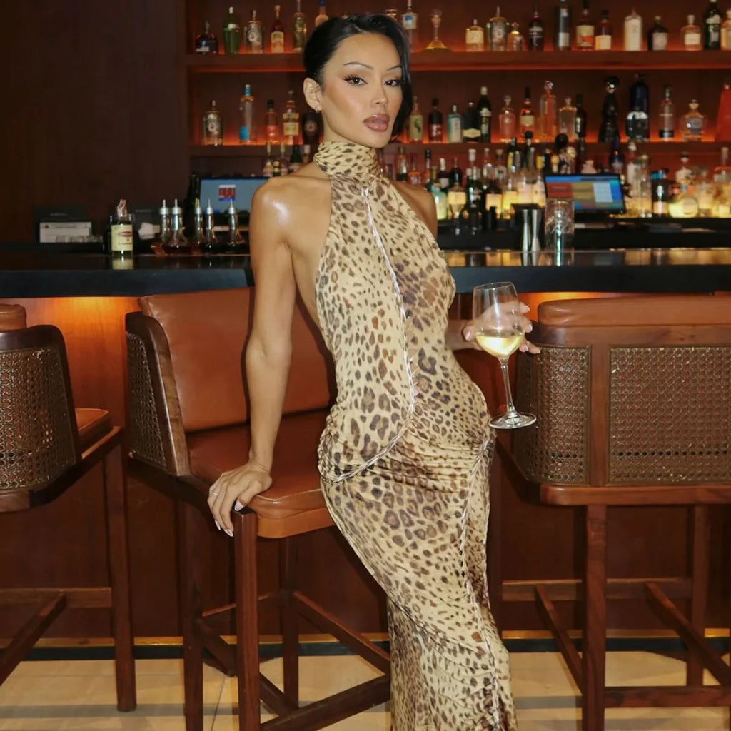 Cryptographic Fashion Halter Leopard Sexy Backless Maxi Dress Women Club Outfits Bandage Embellished Long Dresses Robe Clothes