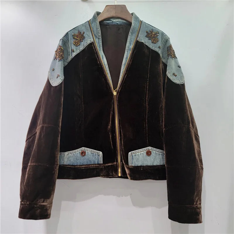 DEAT Women's Coat Patchwork Zipper Denim Velvet Beading Long Sleeve Loose Vintage Jackets 2026 Autumn New Fashion 29A3480