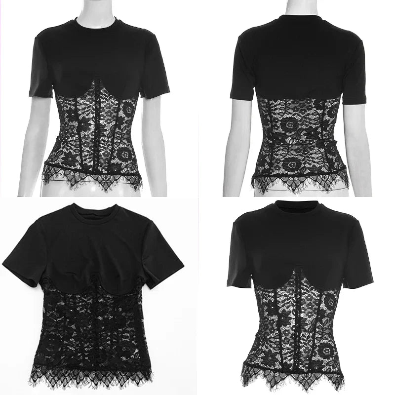 Tuularose Women's Summer Top Fashion Lace Print Patchwork See-Through New T-Shirt Chic Slim-Fit Casual Streetwear Female T-Shirt