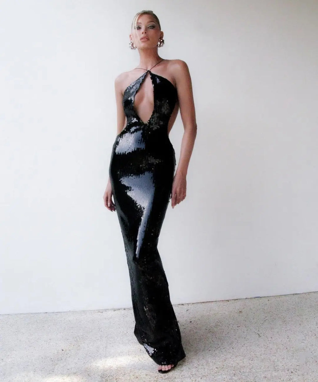 VC Women'S Gold Sequins Luxury Party Gown Sexy Backless  Long Dress For Wedding Banquet Party Female Clothing