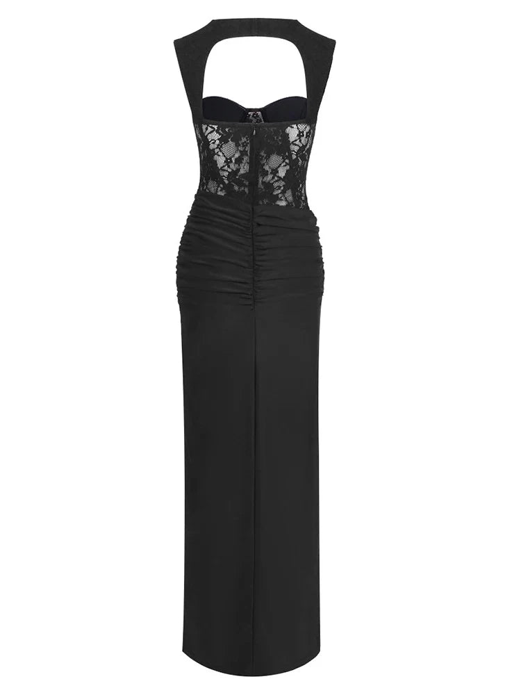Sexy Sleeveless Backless Corset Folds Long Dress Women Brown Lace Patchwork Ruched Bodycon Dresses Evening Party Gowns