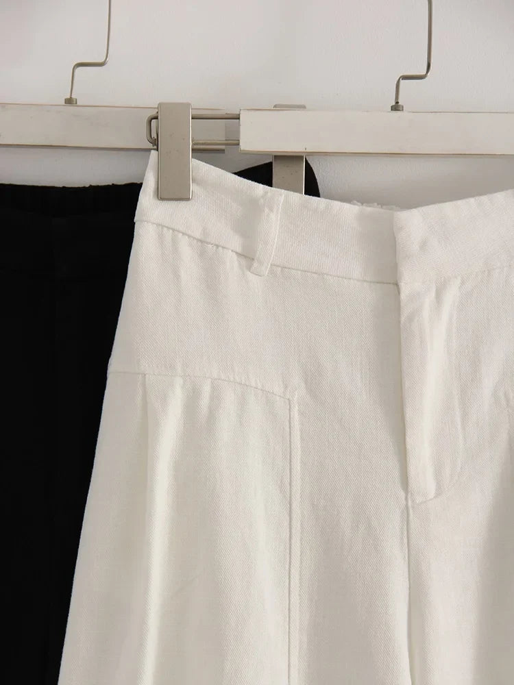 White Cotton Linen Pants Women Wide Leg Formal Trousers Summer Straight Leg Suit Pants High Waist Ladies Formal Pants Loose