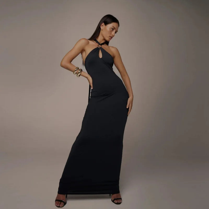 Cryptographic Summer Elegant Backless Halter Black Dress Party Club Outfits Women Sexy Maxi Dresses Gown Vestido Holiday Clothes