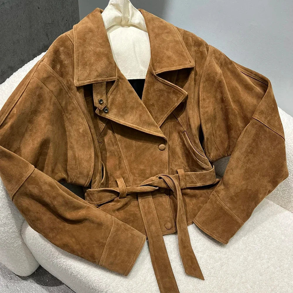 YOLOAgain Single Breasted Vintage Suede Jacket Women With Belt Oversized Real Leather Jacket Female