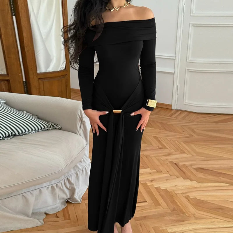 Cryptographic Elegant Off Shoulder Ruched Maxi Dress Women Party Club Outfits Autumn Long Sleeve Bodycon Dresses Gown Clothes