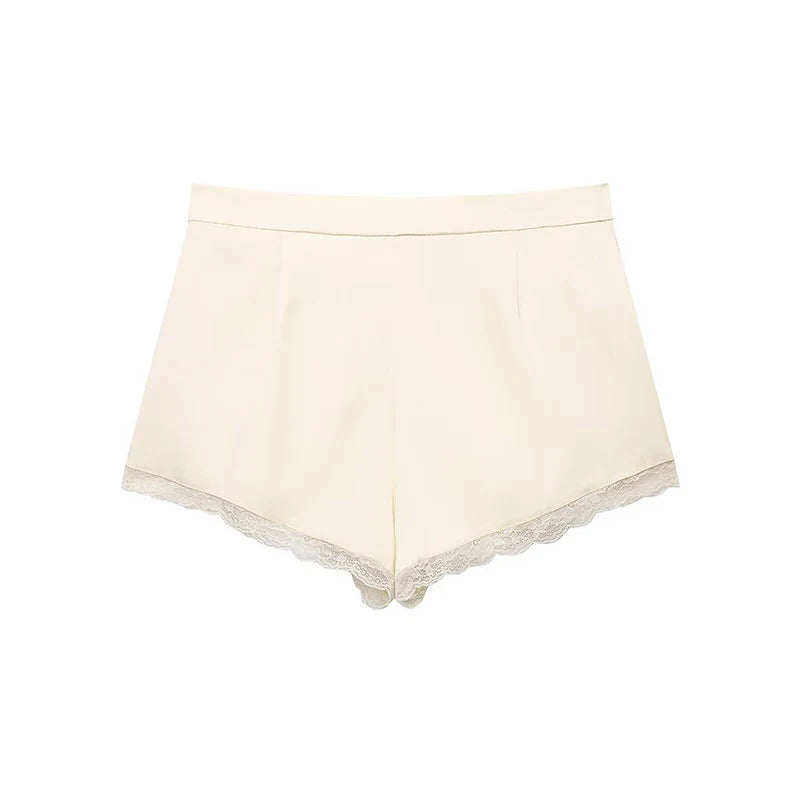 YENKYE Trendy Satin Lace Trim Shorts for Women 2026 High Waist Loose Fit Summer Shorts Fashion Bottoms