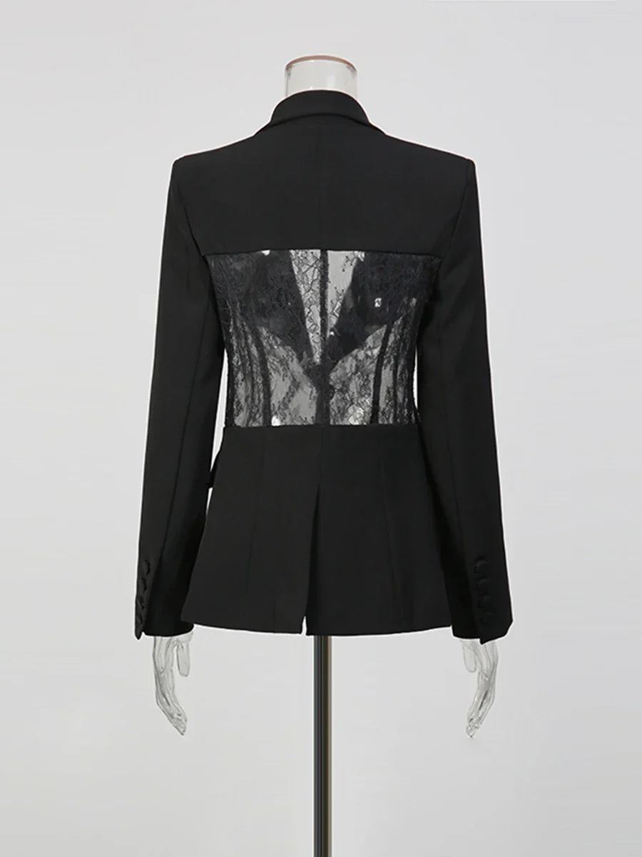 CHICEVER Black Spliced Lace Jacket Female Lapel Long Sleeve Loose Perspective Luxury Women's Jackets Autumn Fashion New Style