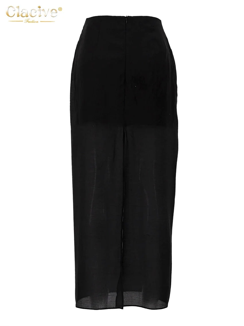 Clacive Fashion Loose Balck Women Skirt Casual High Waist Ankle Length Skirts Elegant Classic Mesh Spliced Skirt Female Clothing