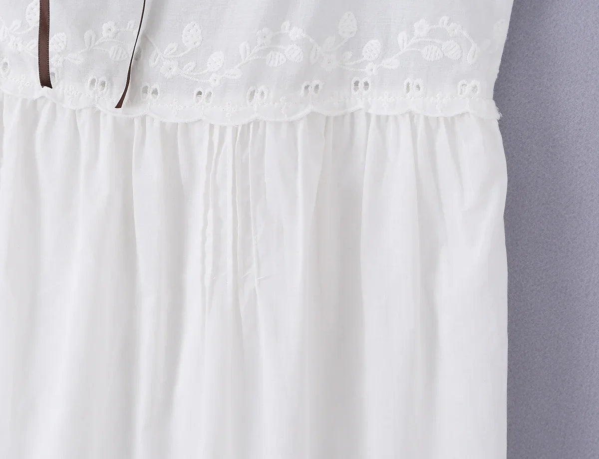 YENKYE Sexy Sling Floral Embroidery White Mini Dress For Pretty Girl High Waist A-line Cotton Sundress Beach Holiday Summer Robe