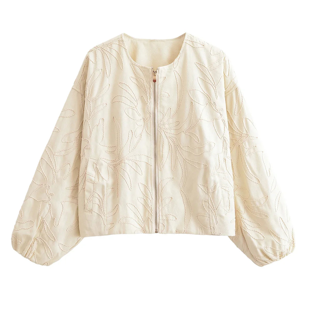 YENKYE 2025 Women O Neck Long Sleeve Embroidery Jacket Front Zipper Loose Crop Bomber Outerwear Lady Commuting Casual Outfits