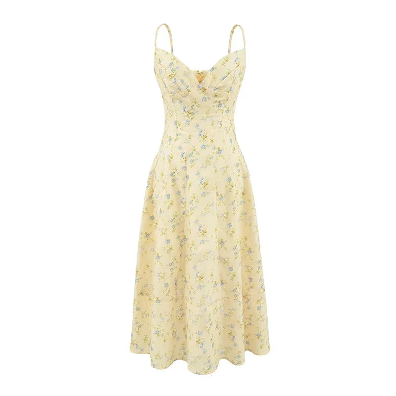 YENKYE Women Yellow Floral Sling Midi Dress Sexy V Neck A-Line Casual Summer Sundress Vacation Party Dresses Lace Up Robe