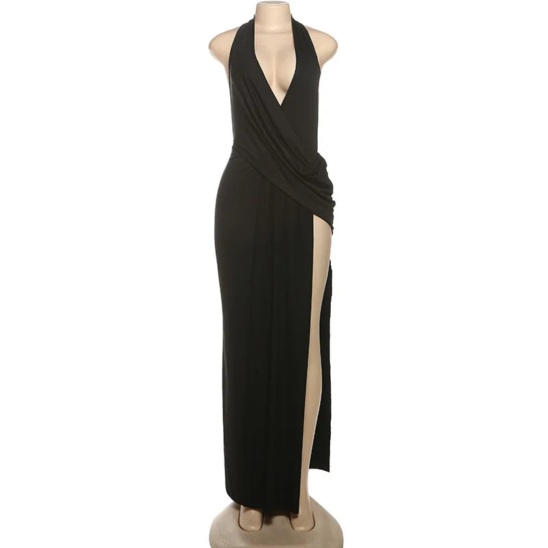 Cryptographic Elegant Halter Draped Ruched Maxi Dress for Women Party Club Outfits Sexy Backless Deep V Neck Split Dresses Gown