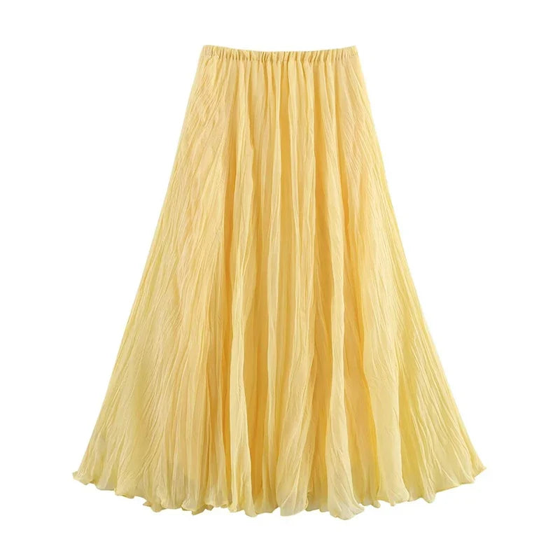 YENKYE Women Crinkle A-line Midi Butter Yellow Skirt Elastic Waist Spring Summer Holiday Elegant Skirts New 2025 faldas mujer