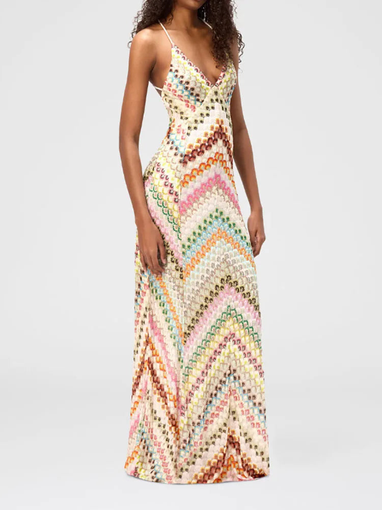 Holiday Spaghetti Strap Simple Party Dress, Women Summer Printing Backless Sexy Maxi Dress, 2025 Deep V Neck Chic Ladies Dress