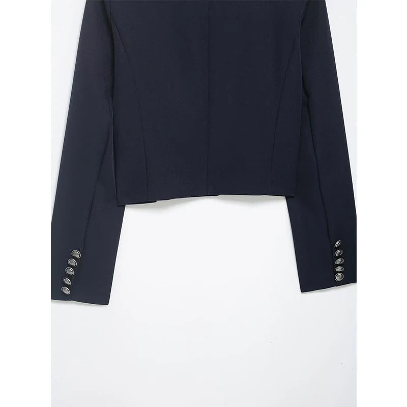 YENKYE 2026 New Women's Navy Blue Single Breasted Crop Jacket Long Sleeve Vintage Casual Coat For Daily Office