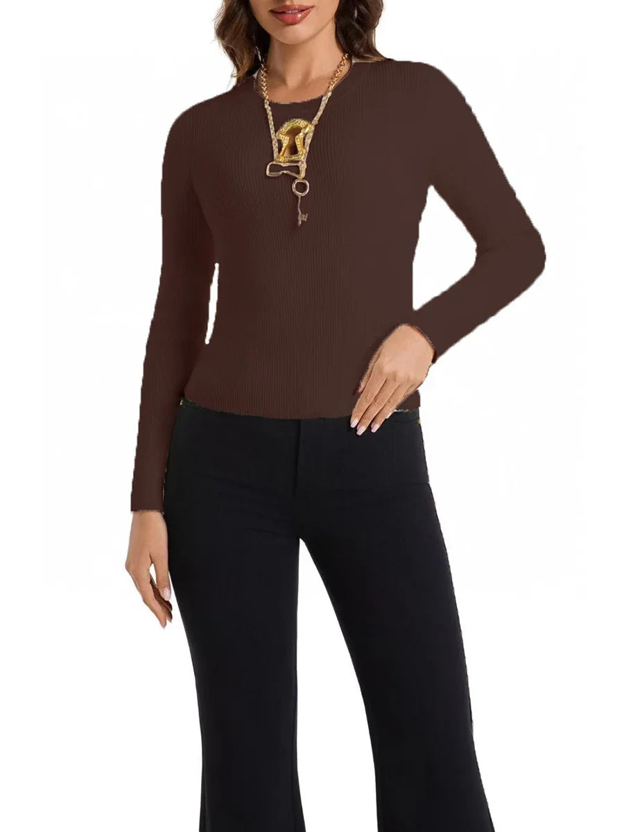 TWOTWINSTYL Solid Slimming Spliced Sequined Basics Sweaters for Women Round Neck Long Sleeves Hollow Out Casual Sweater Female