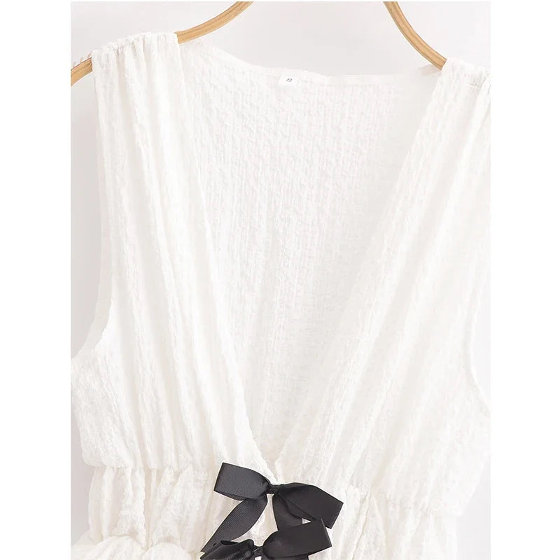 YENKYE 2025 Women Contrasting Bow White Tank Top Sleeveless Deep V Neck  Elastic Waist  Balloon Hem Summer Crop Top