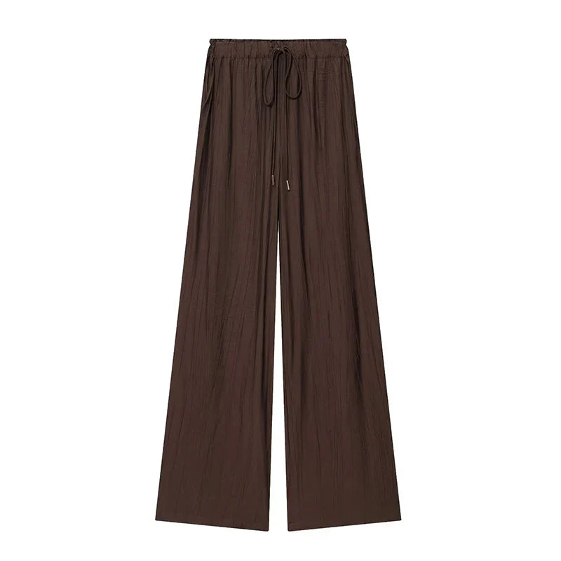 YENKYE Drawstring Elastic High Waist Brown Wide Leg Pants For Women Casual Loose Trousers pantalones de mujer