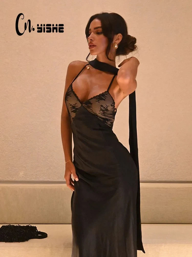 CNYISHE Lace Patchwork Backless Camisole Women Dresses Sleeveless V Neck Outfits Sexy Club Fashion Solid Female Vestidos Robes