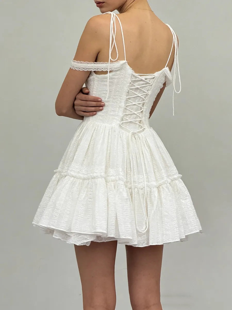TWOTWINSTYLE Solid Spliced Embroidery Sweet Dresses for Women Square Neck Sleeveless High Waist Patchwork Strap Dress Female New